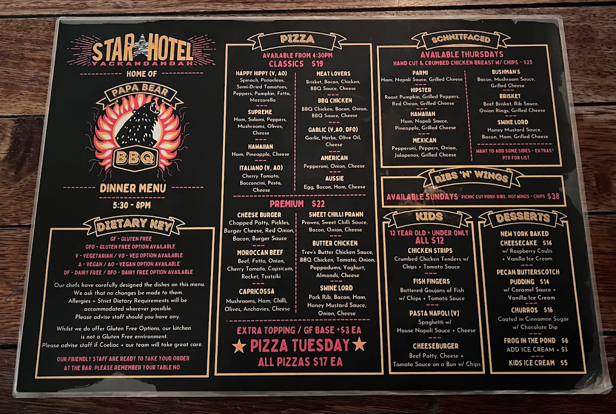 Menu, Star Hotel Yackandandah