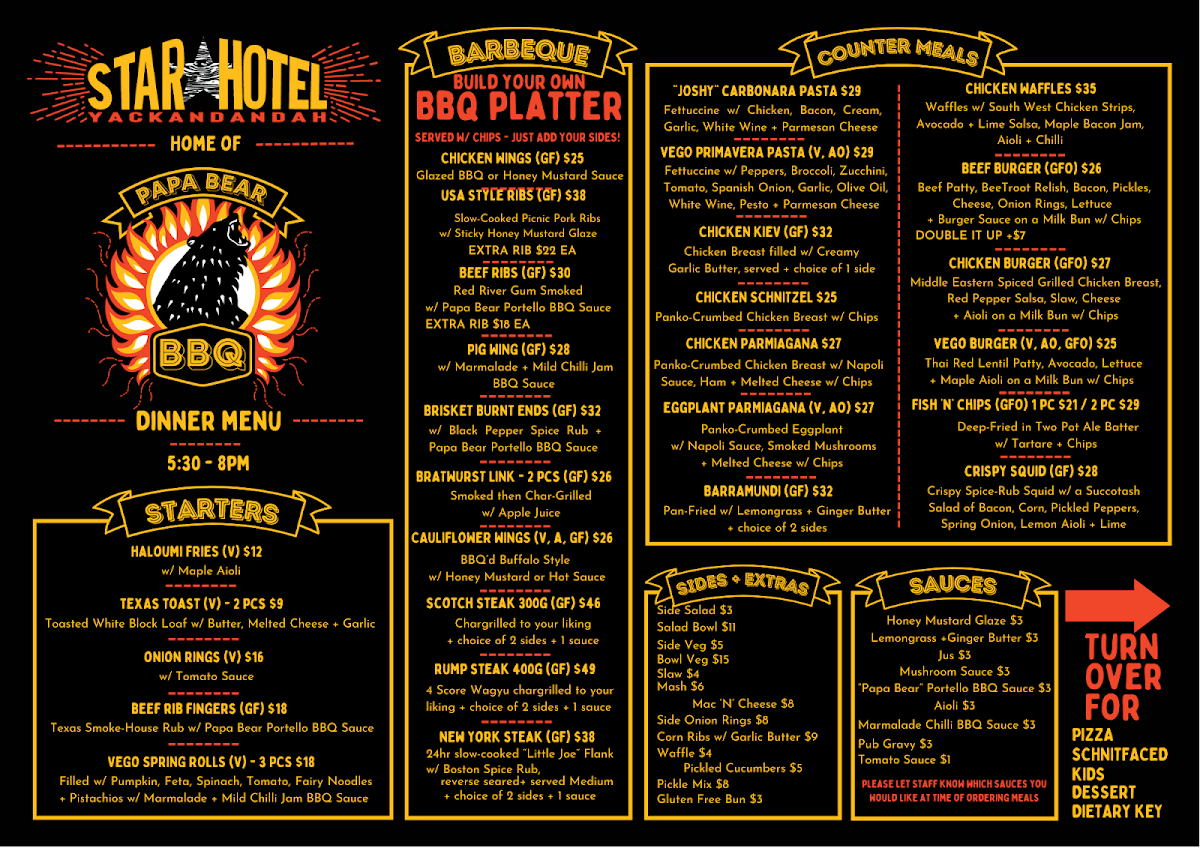 Menu, Star Hotel Yackandandah