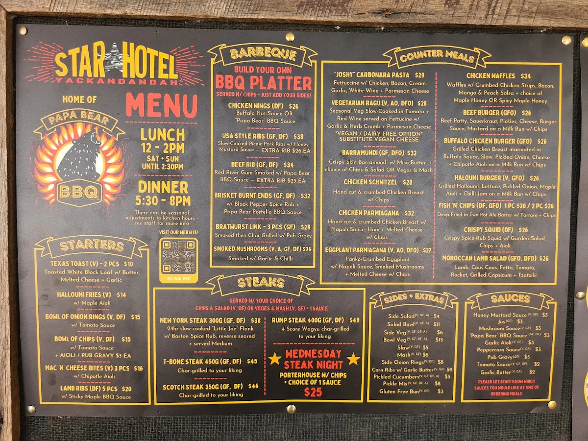 Menu, Star Hotel Yackandandah