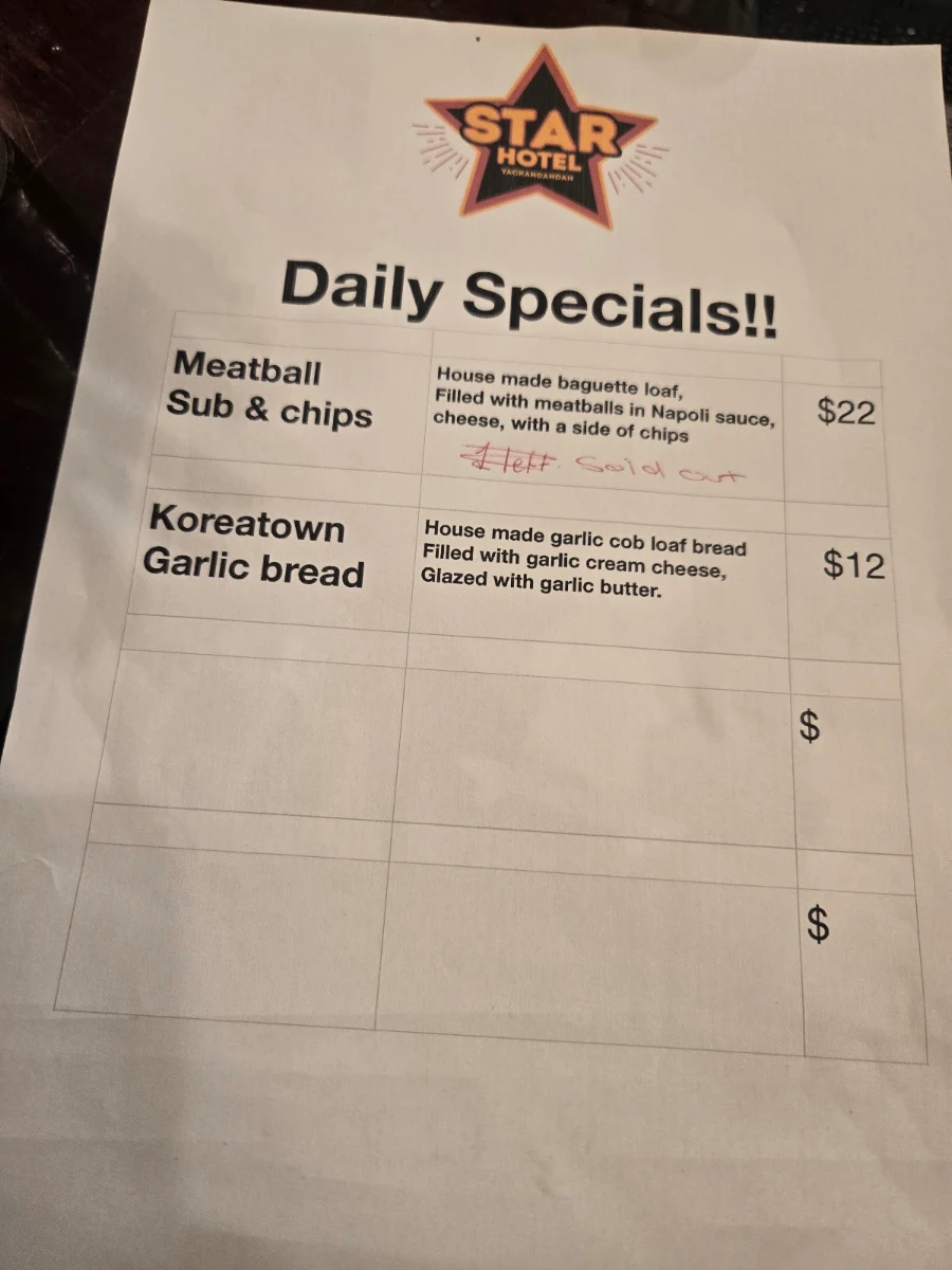 Menu, Star Hotel Yackandandah