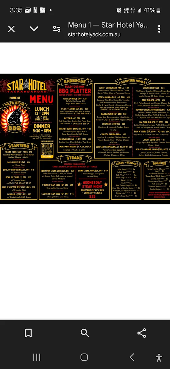 Menu, Star Hotel Yackandandah