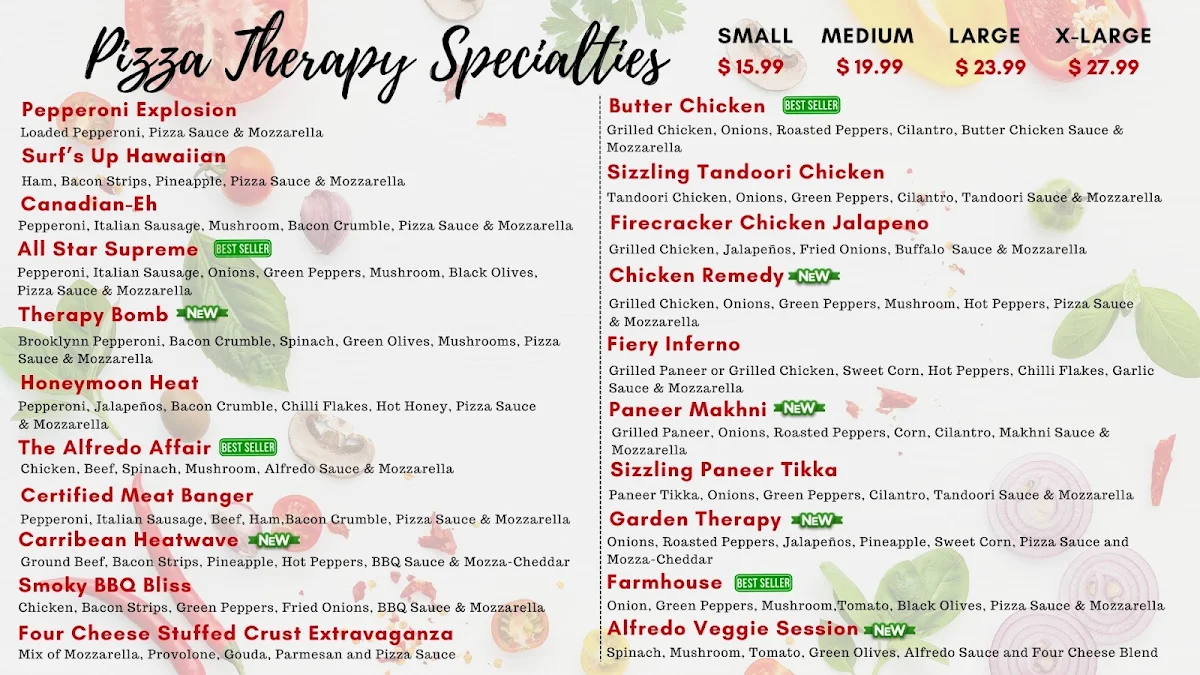 Menu, Pizza Therapy