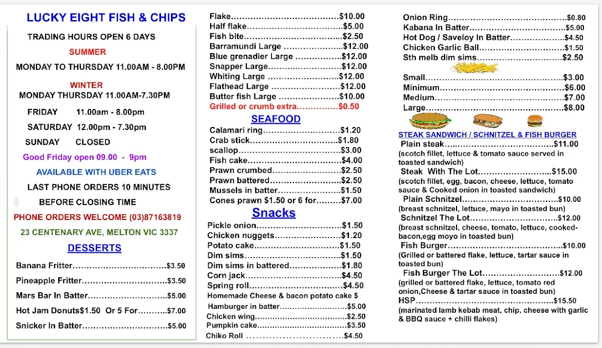 Menu, Lucky Eight Fish & Chips