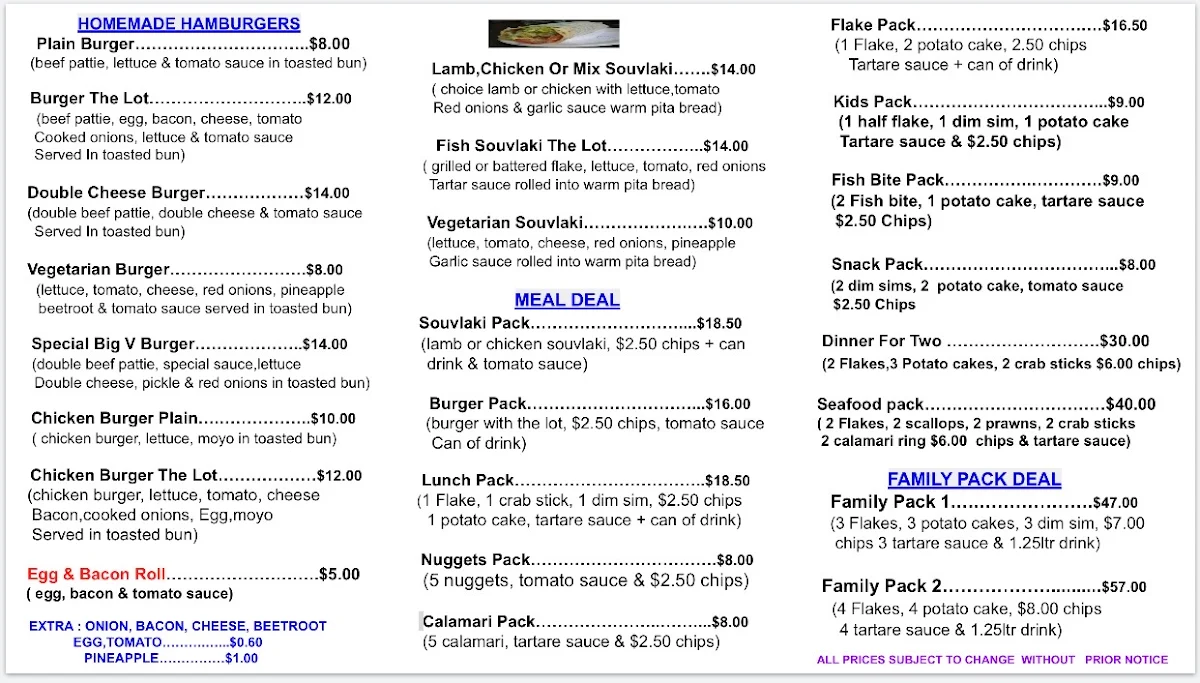 Menu, Lucky Eight Fish & Chips
