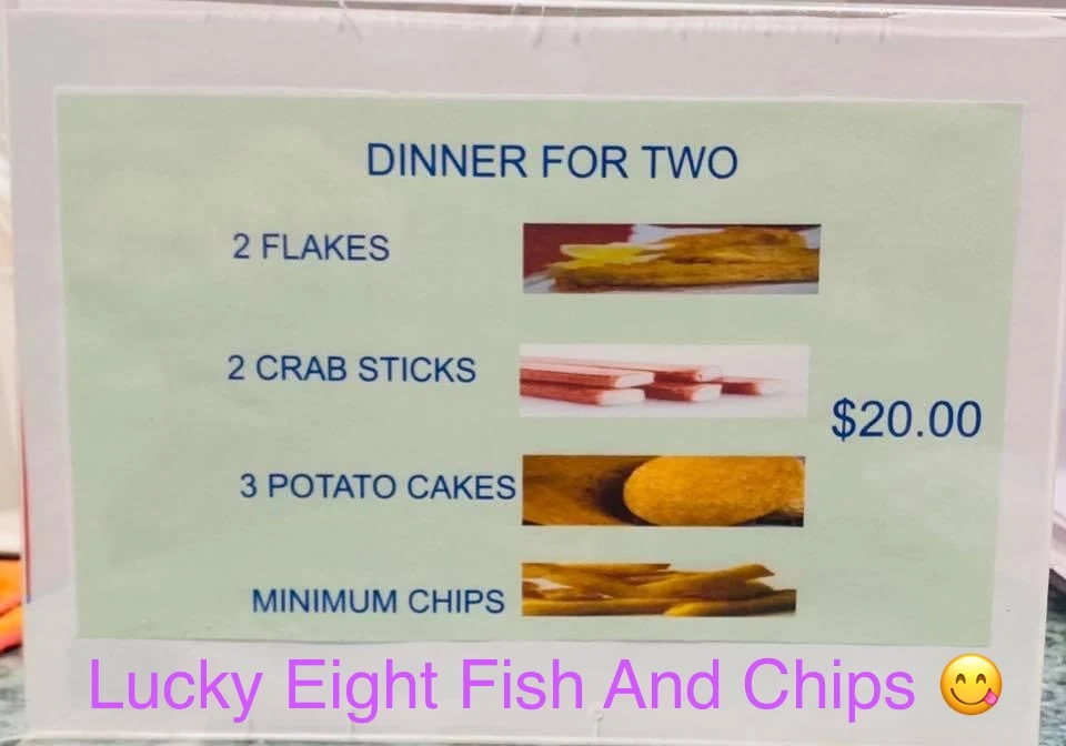 Menu, Lucky Eight Fish & Chips