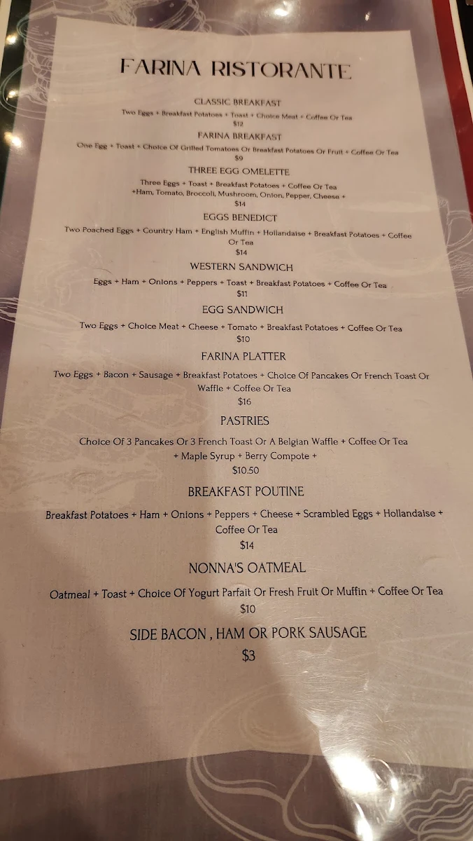 Menu, Farina Ristorante