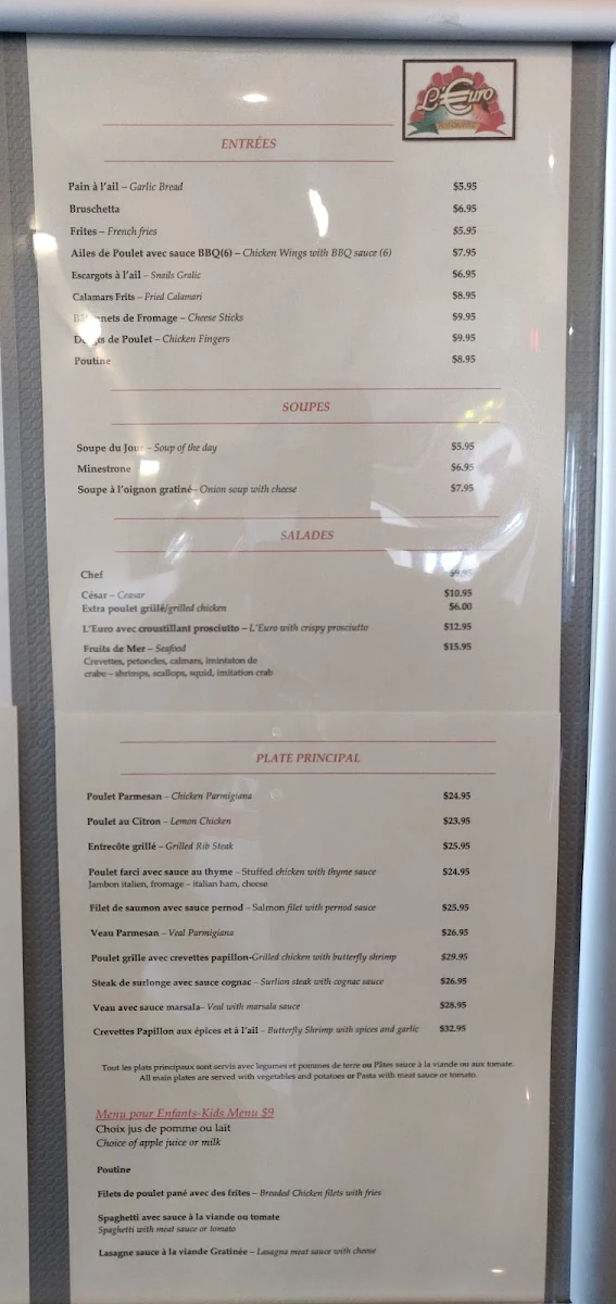 Menu, Café D'Euro