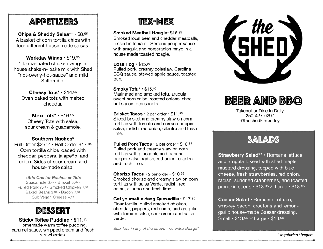 Menu, The Shed