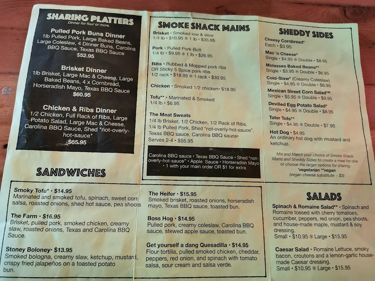 Menu, The Shed