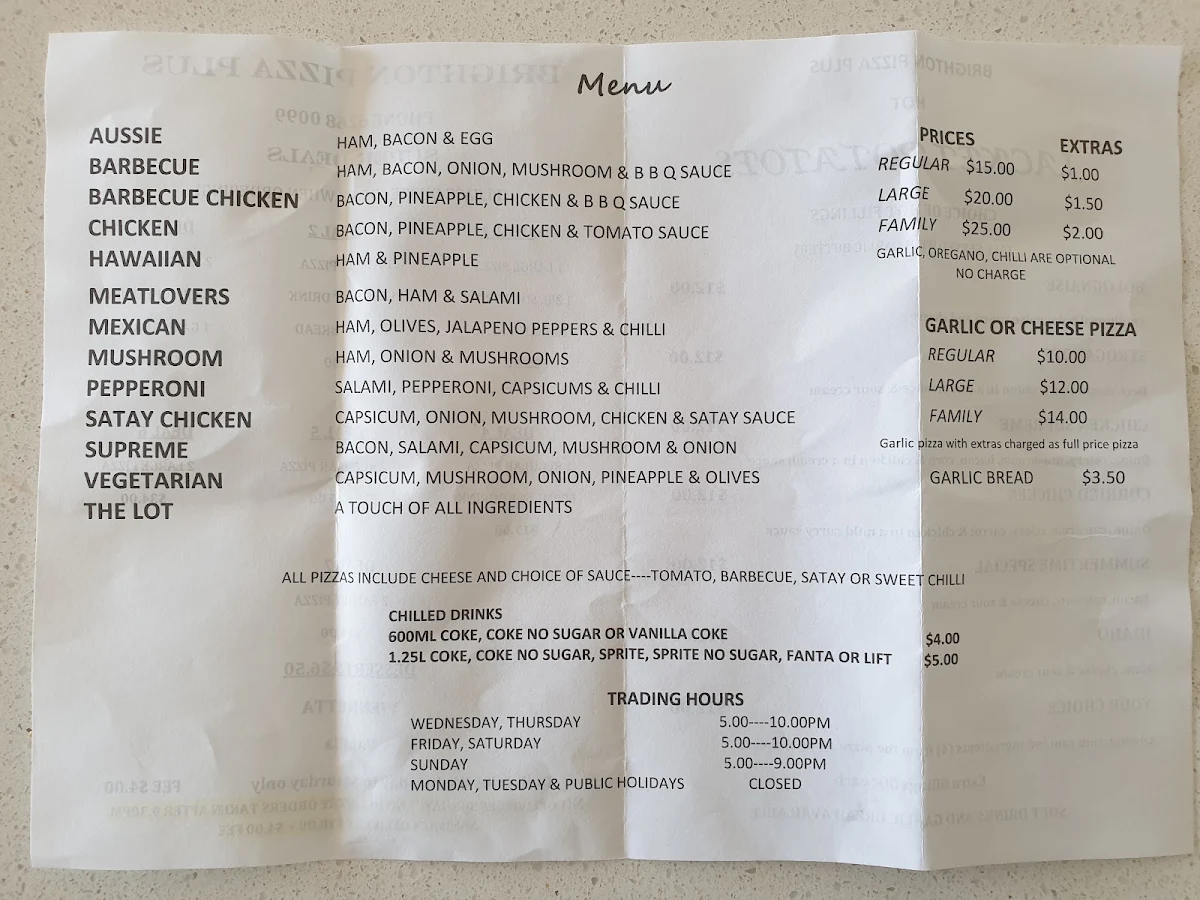 Menu, Brighton Pizza Plus