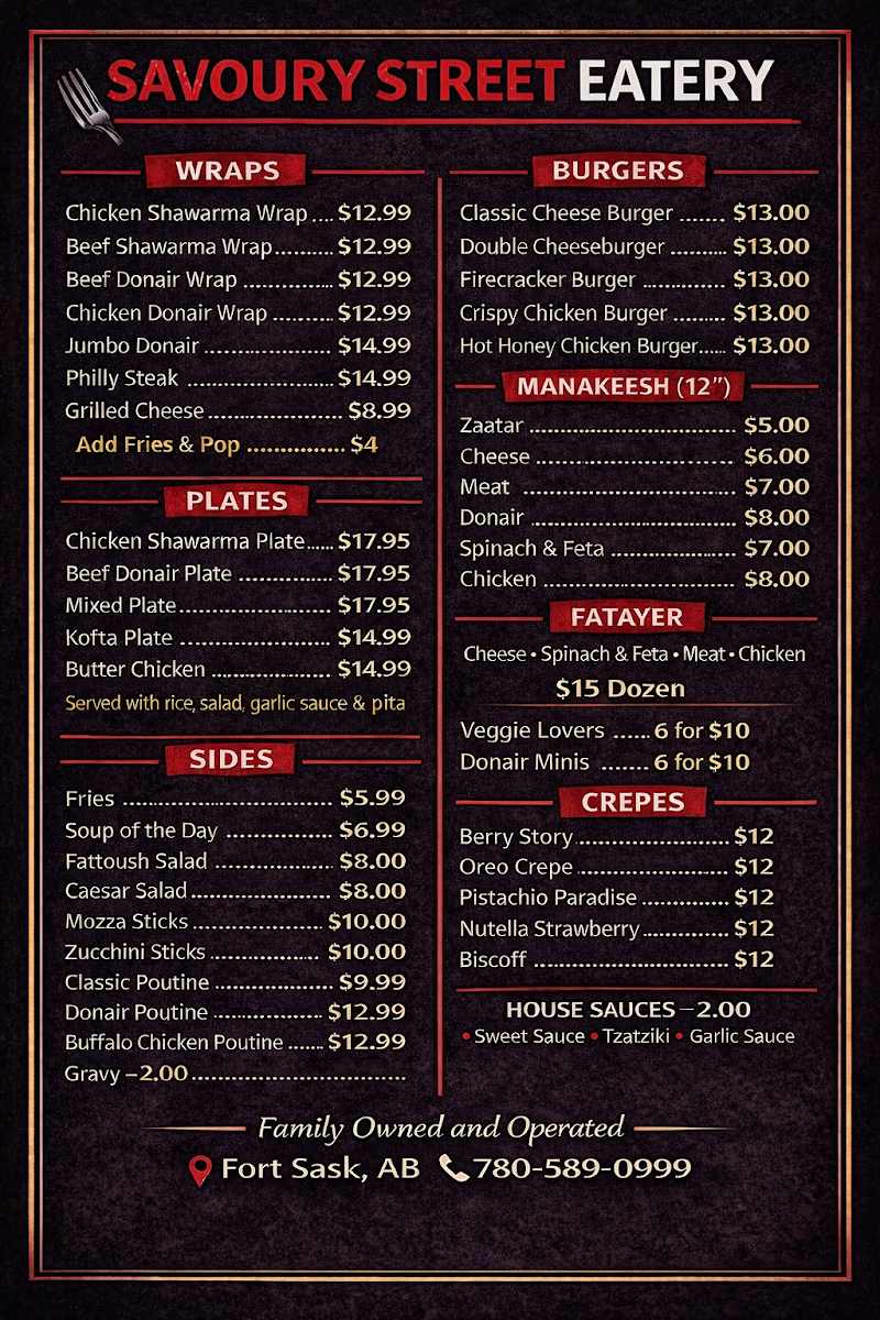 Menu, Savoury Street Eatery