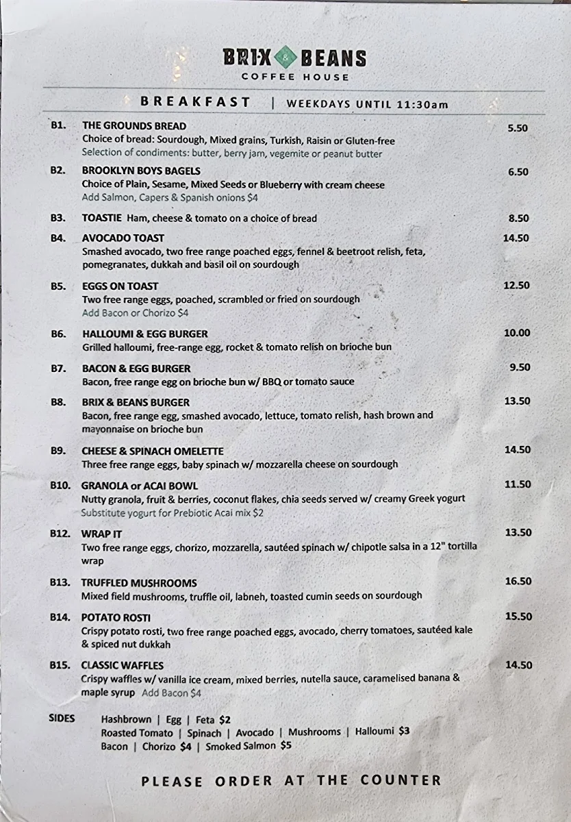 Menu, Brix & Beans Coffee House