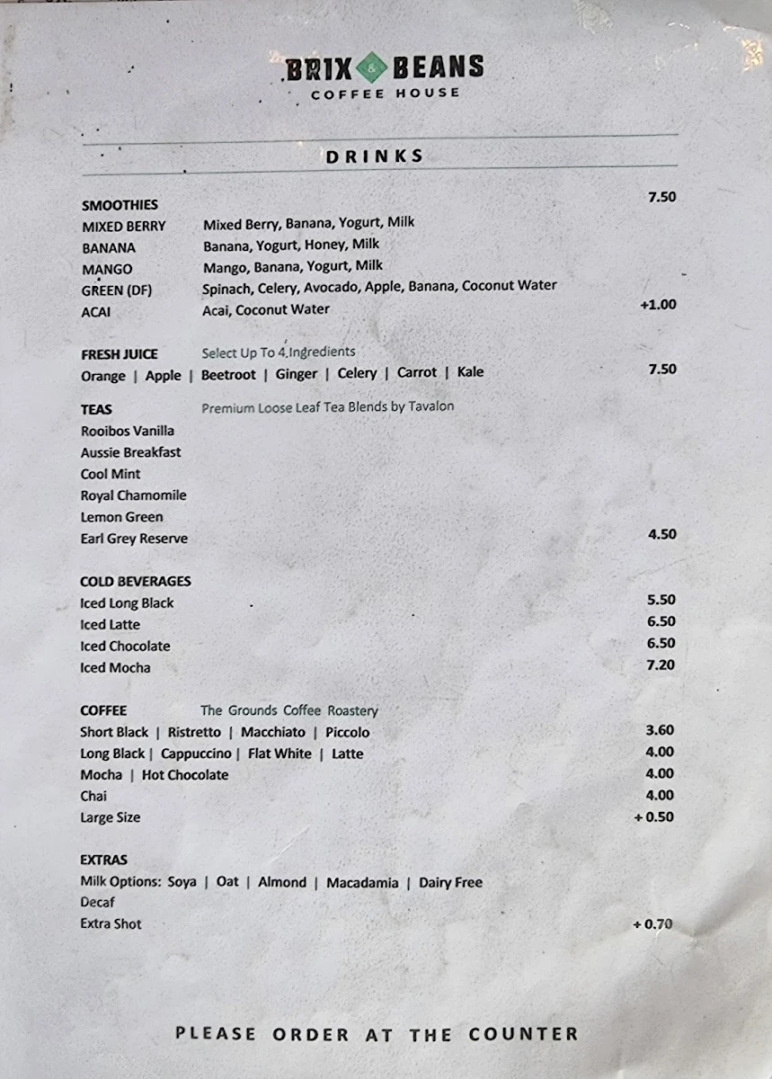 Menu, Brix & Beans Coffee House