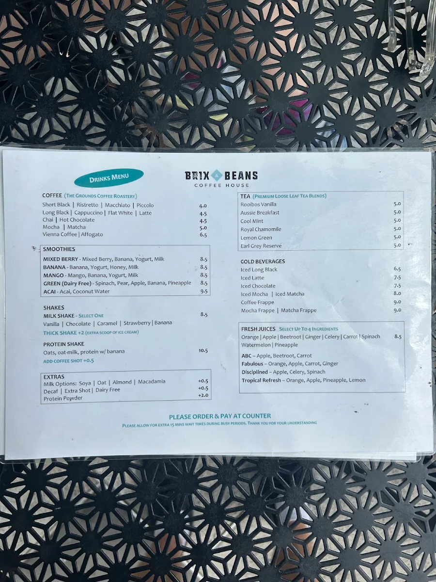 Menu, Brix & Beans Coffee House