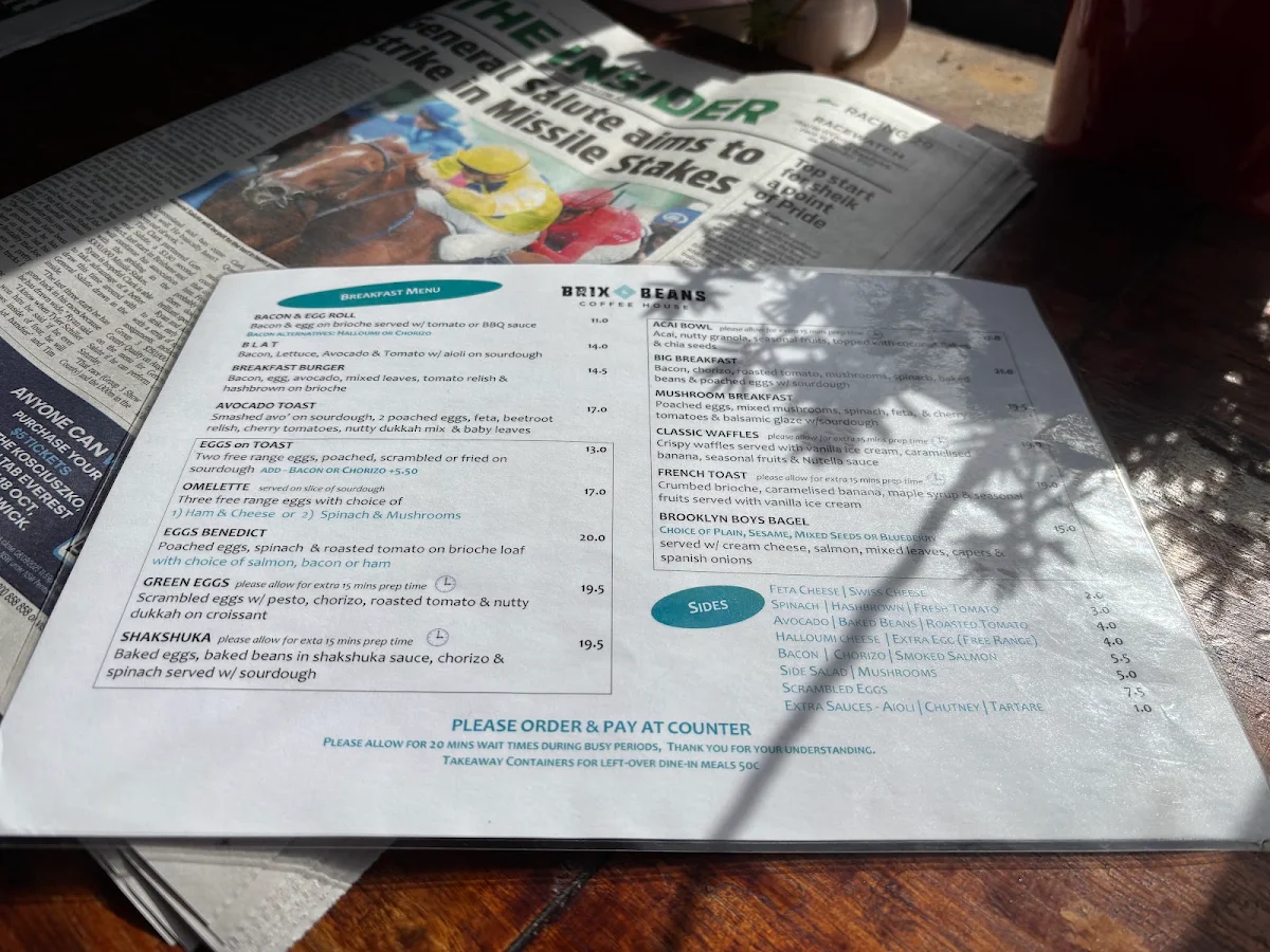 Menu, Brix & Beans Coffee House