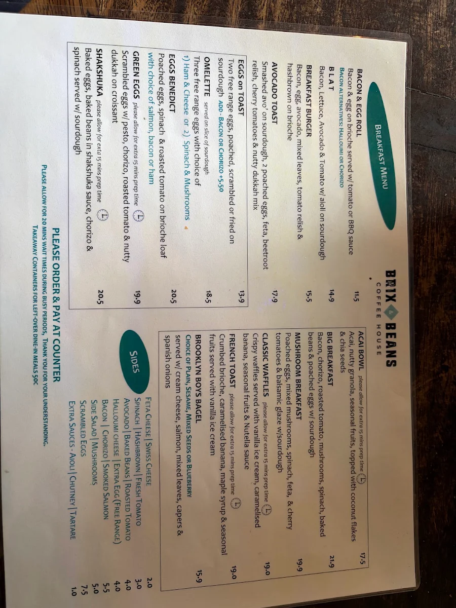Menu, Brix & Beans Coffee House