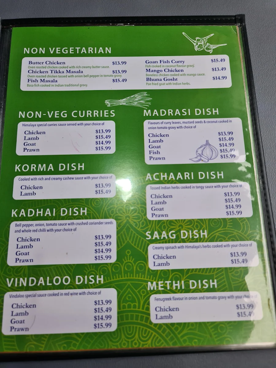 Menu, Himalaya Indian Cuisine