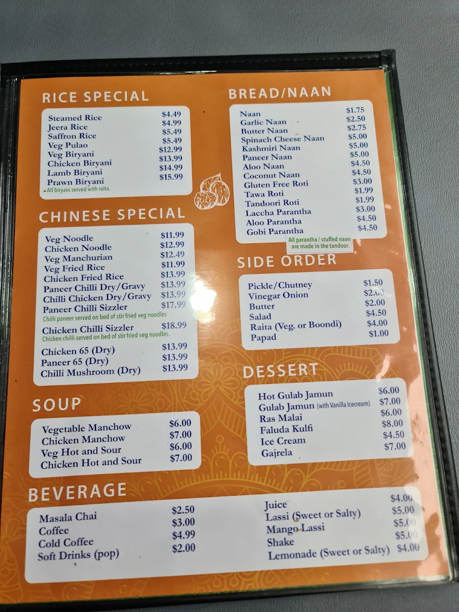 Menu, Himalaya Indian Cuisine