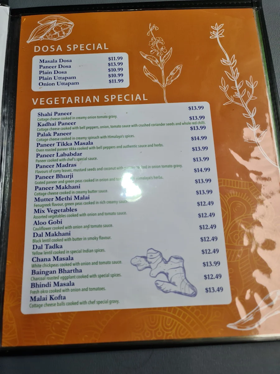 Menu, Himalaya Indian Cuisine