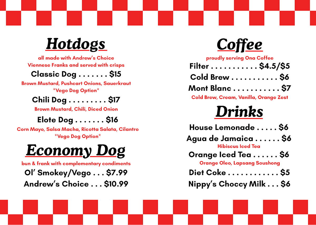 Menu, Rebecchi’s Hotdogs