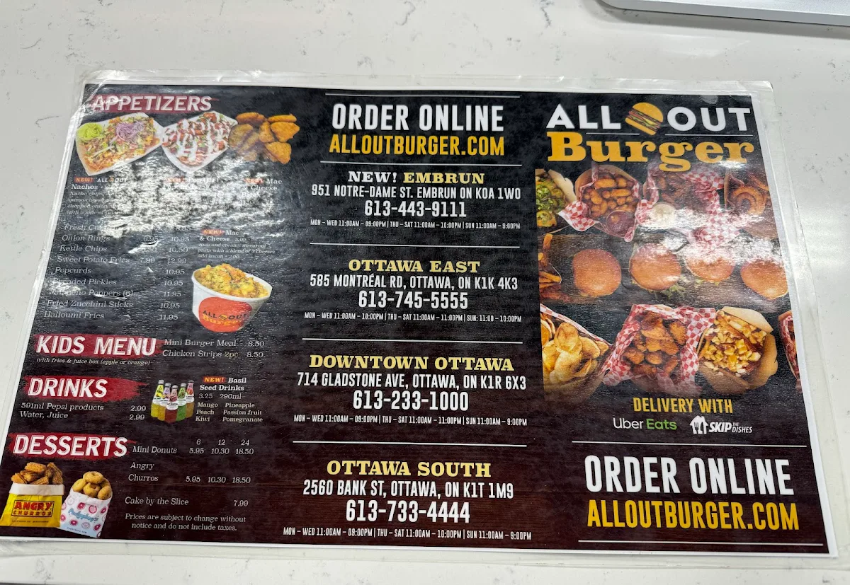 Menu, All Out Burger (Barrhaven)