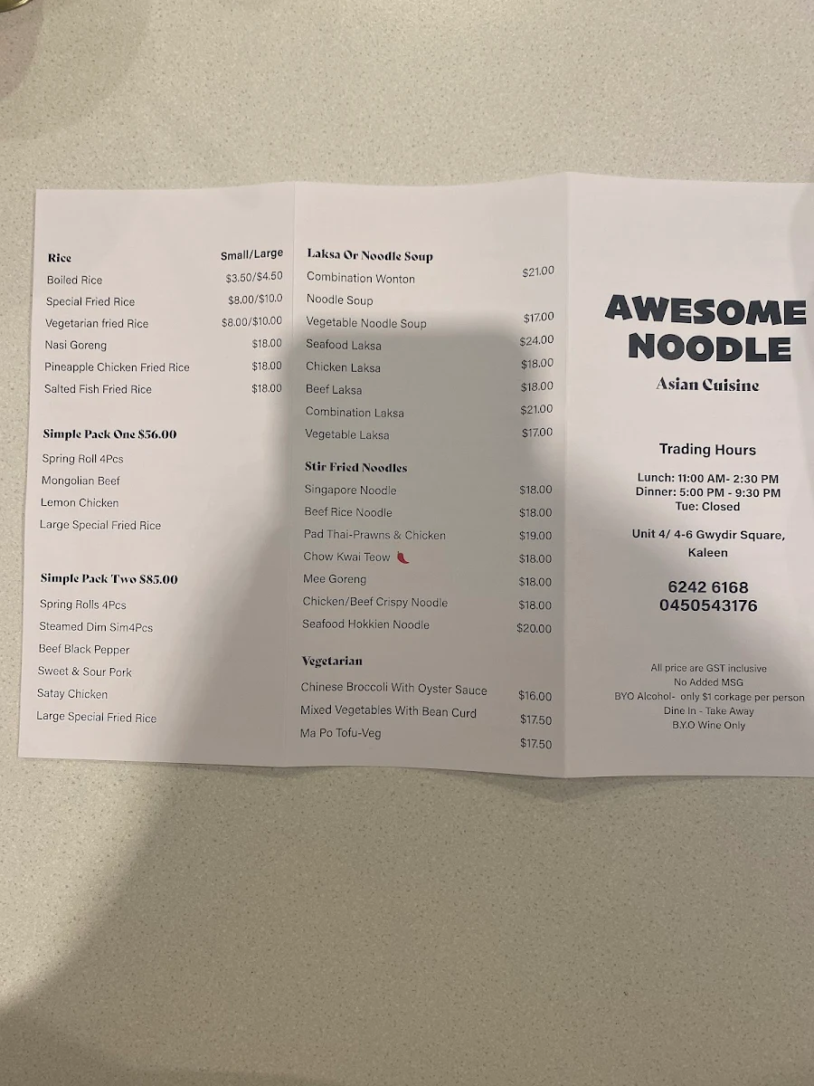 Menu, Awesome Noodle Asian Cuisine