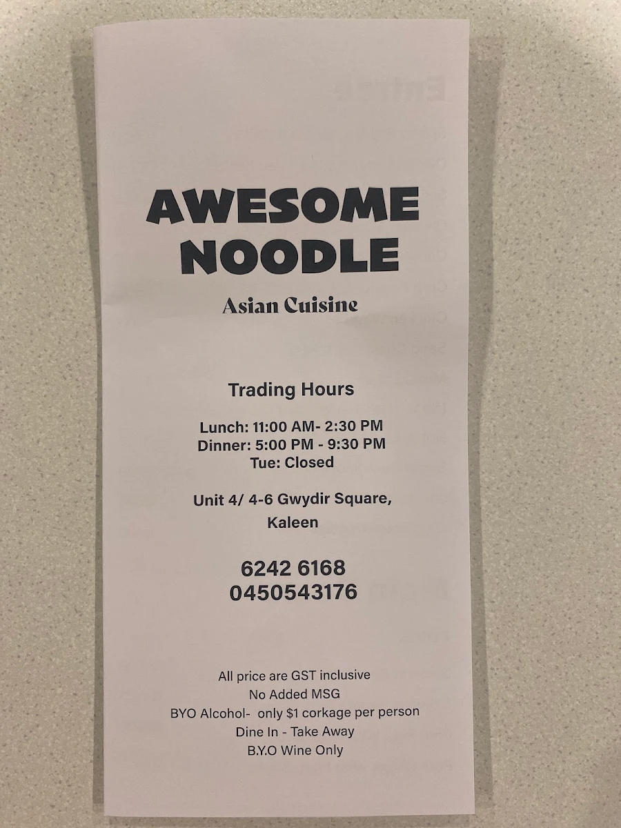 Menu, Awesome Noodle Asian Cuisine