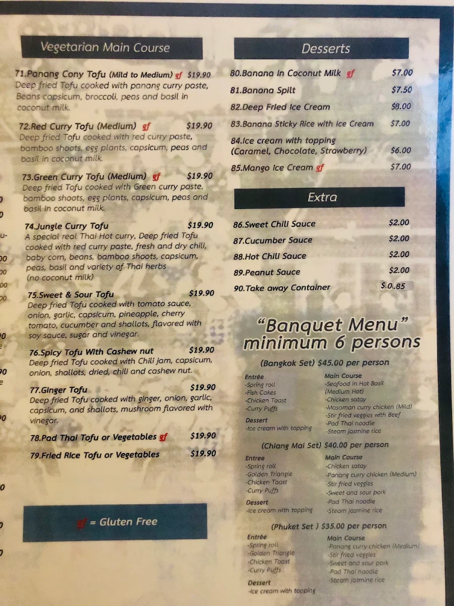 Menu, Thai Tanee Yeppoon