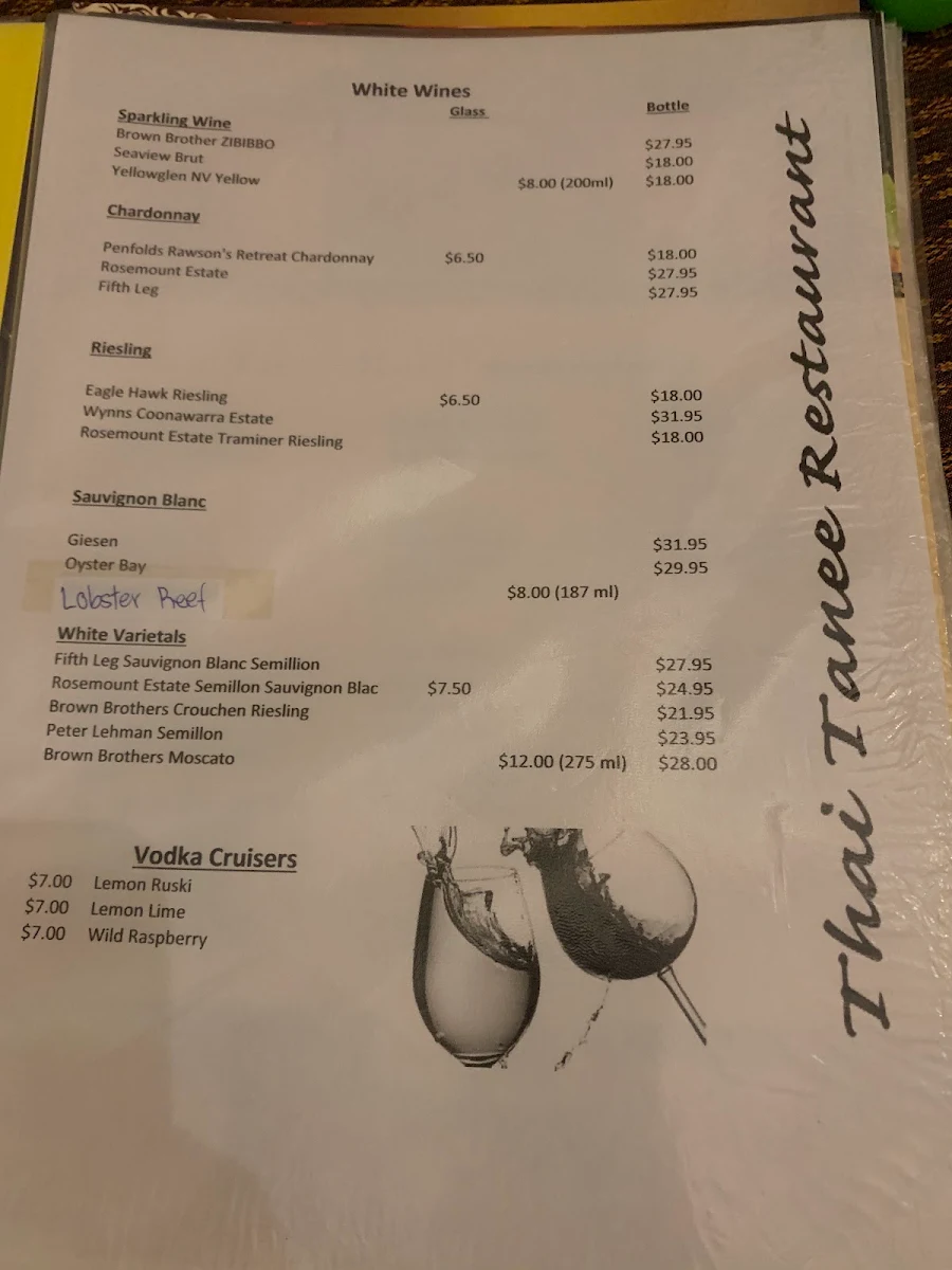 Menu, Thai Tanee Yeppoon