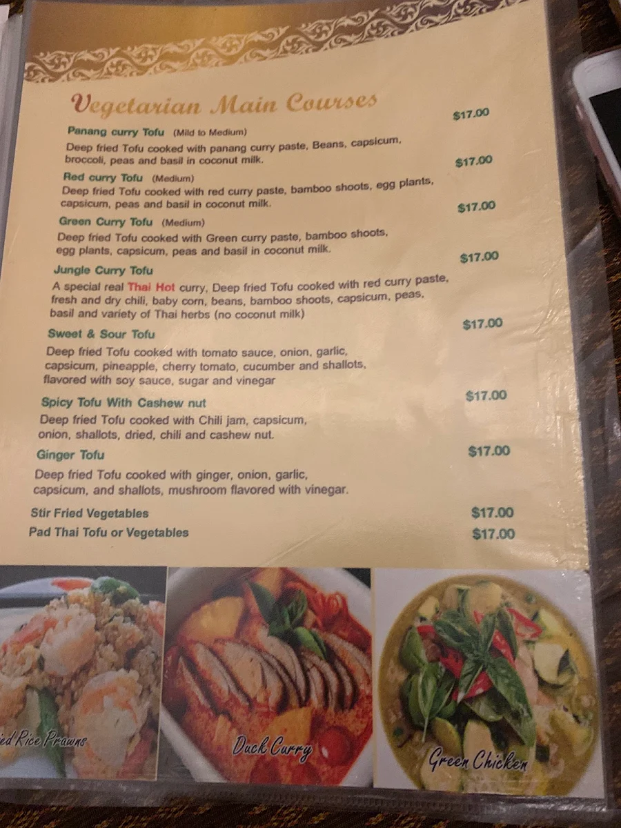 Menu, Thai Tanee Yeppoon