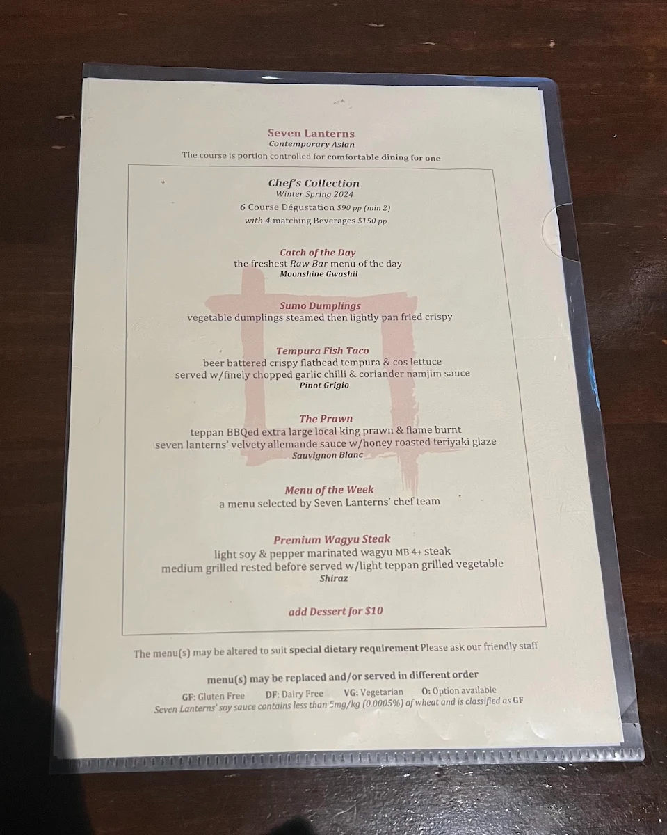 Menu, Seven Lanterns Sylvania
