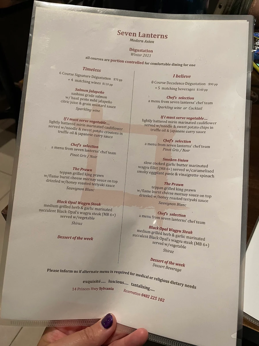 Menu, Seven Lanterns Sylvania