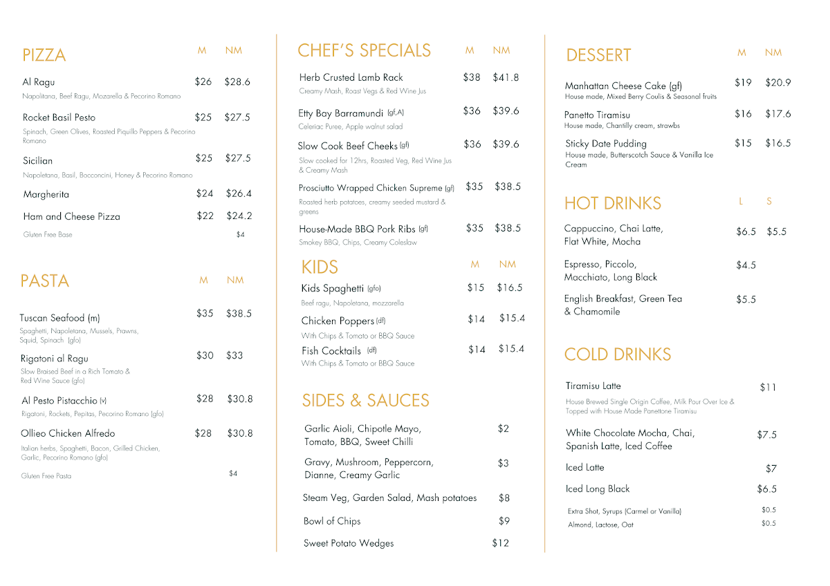 Menu, Ollieo Restaurant