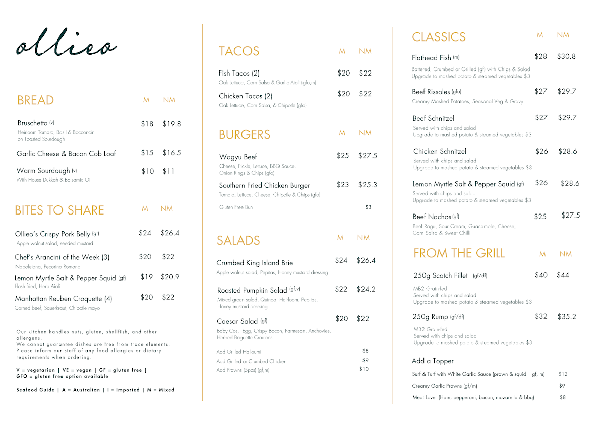 Menu, Ollieo Restaurant