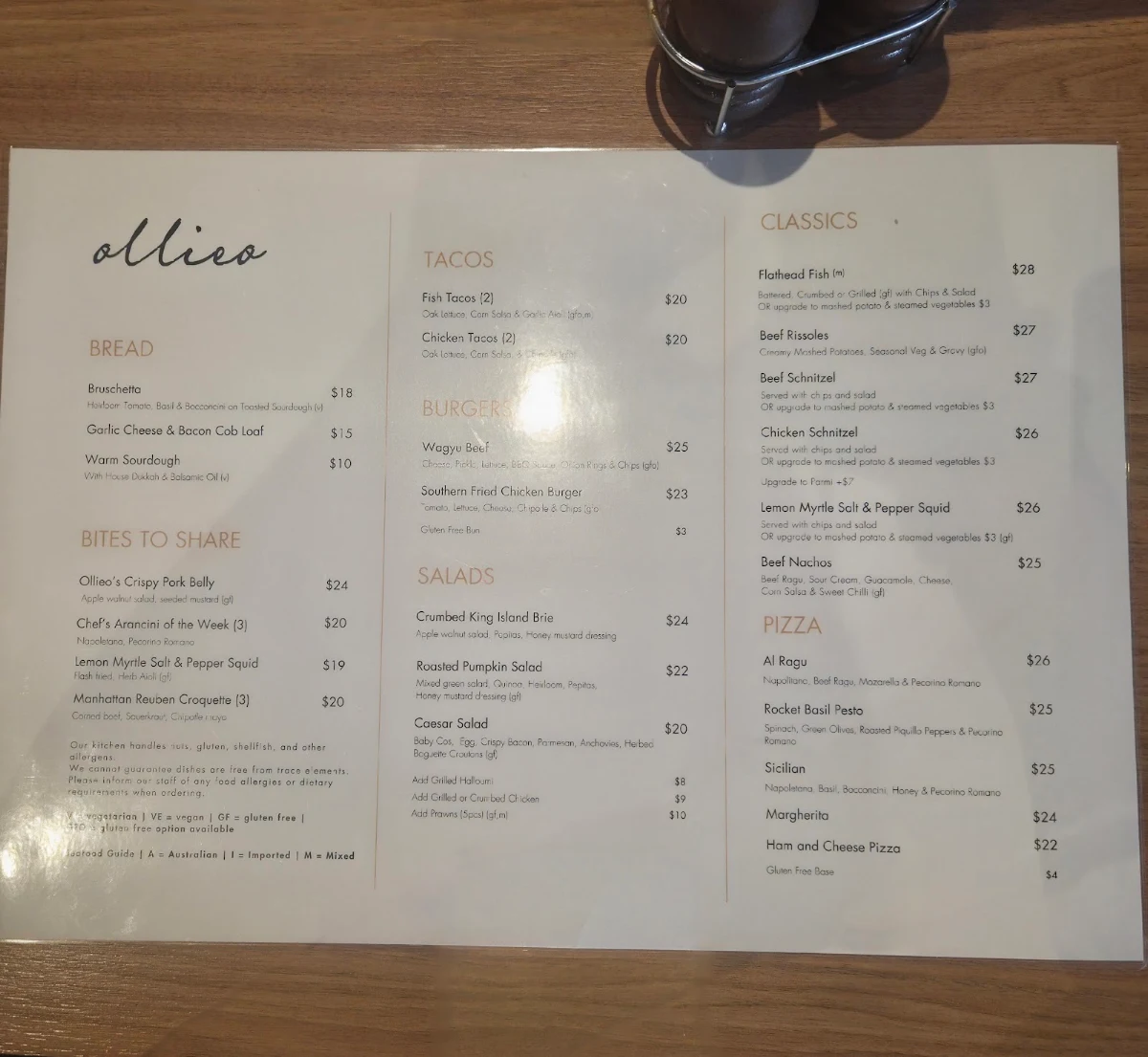 Menu, Ollieo Restaurant