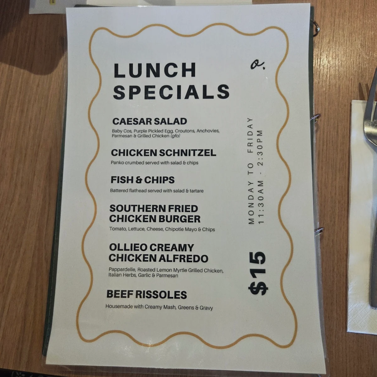 Menu, Ollieo Restaurant