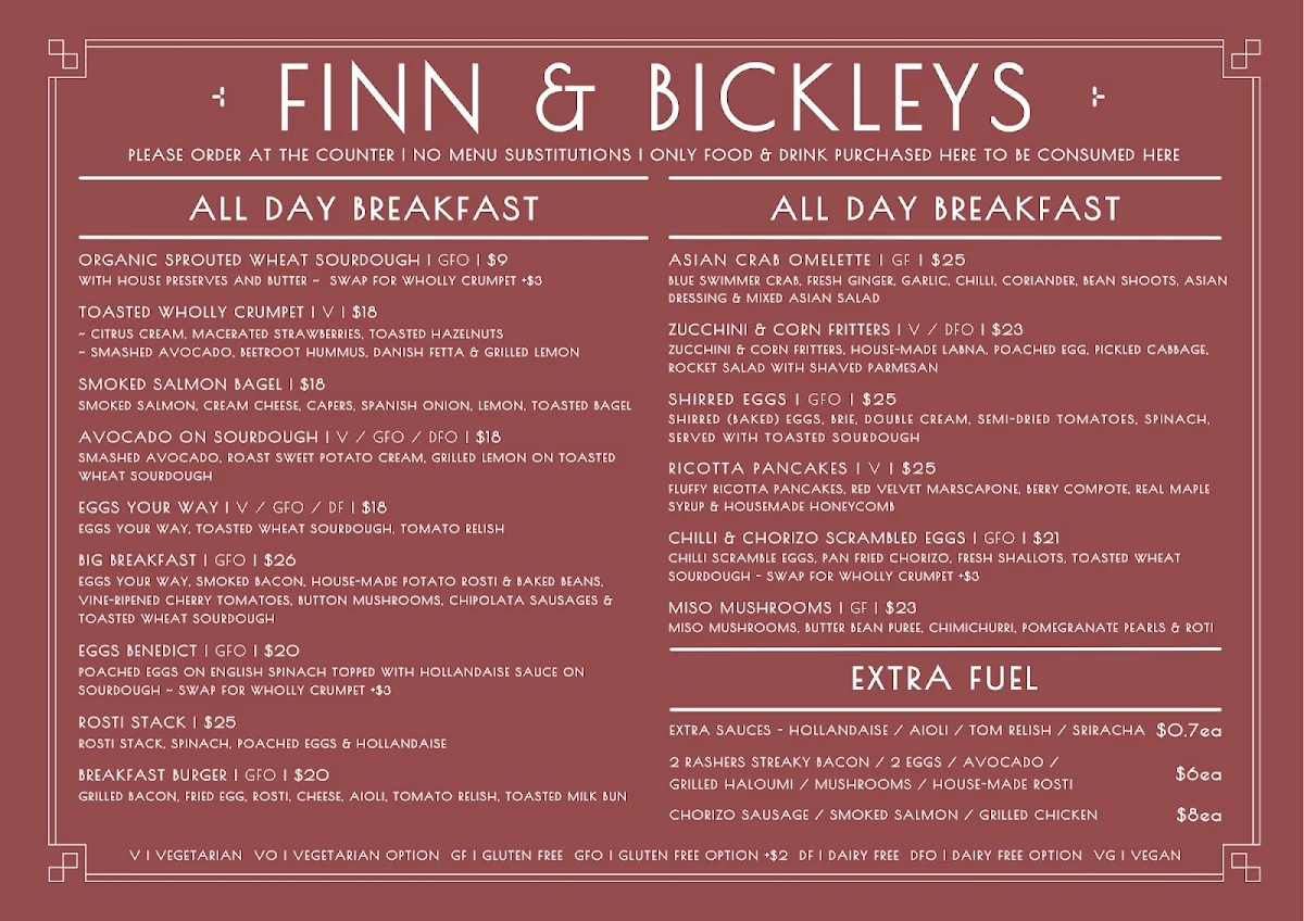 Menu, Finn & Bickley's