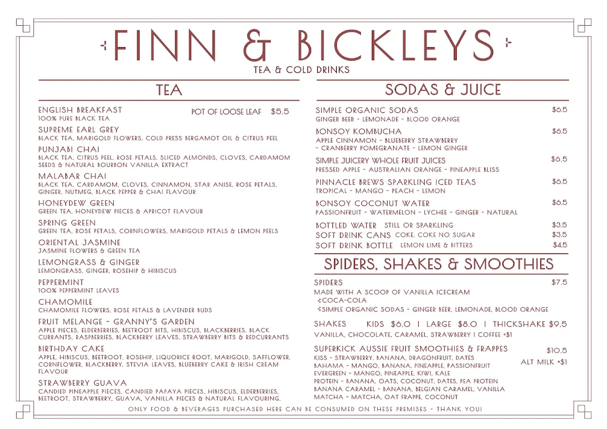 Menu, Finn & Bickley's