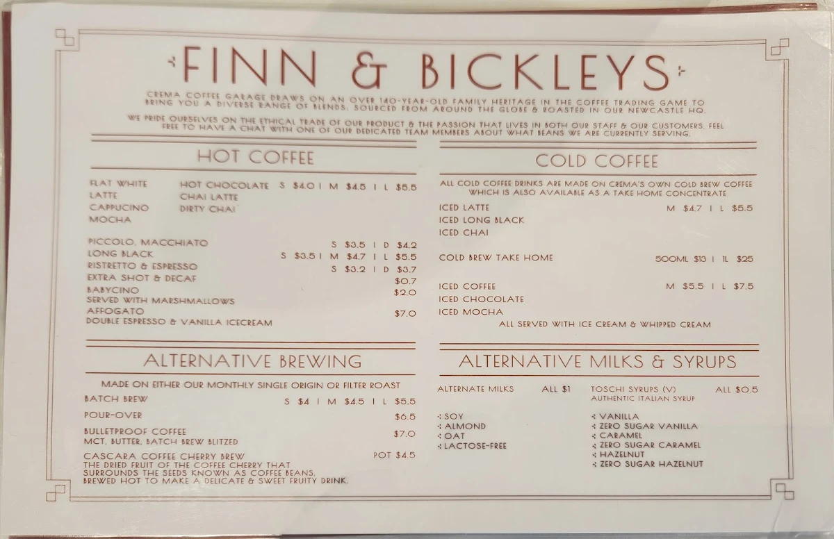 Menu, Finn & Bickley's