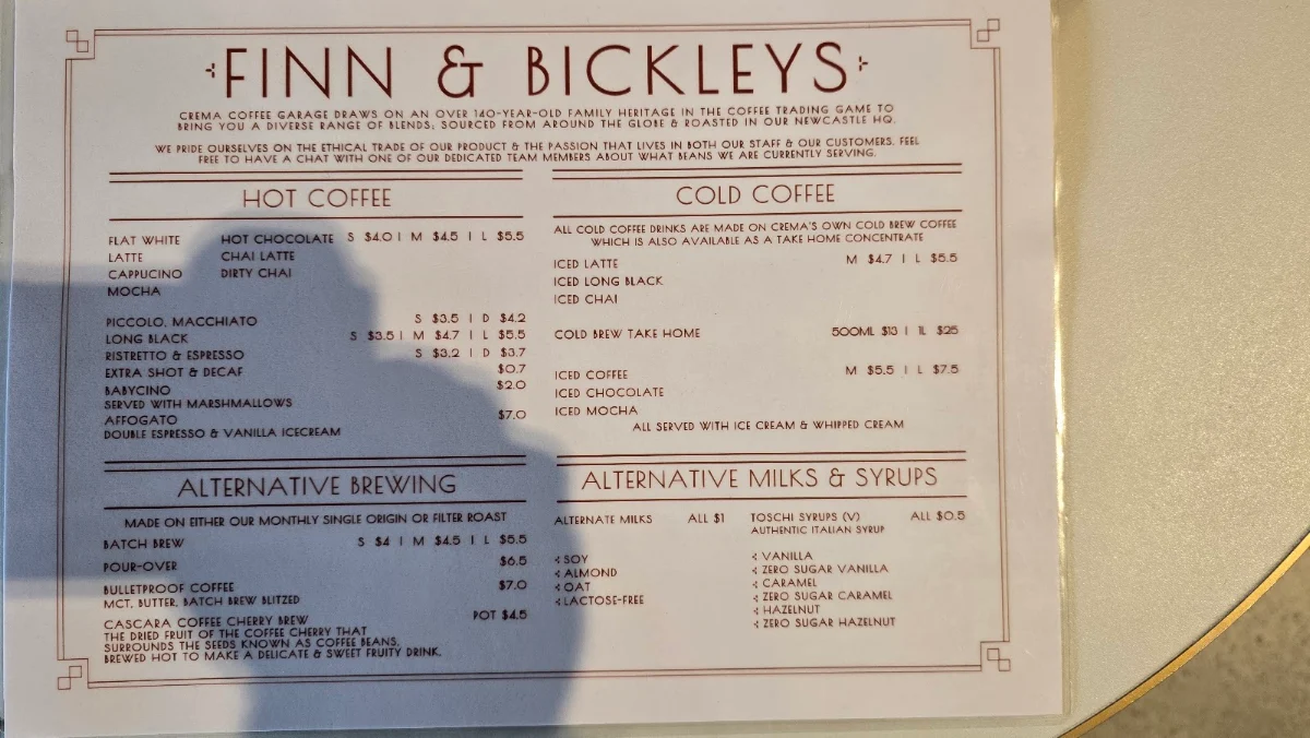 Menu, Finn & Bickley's