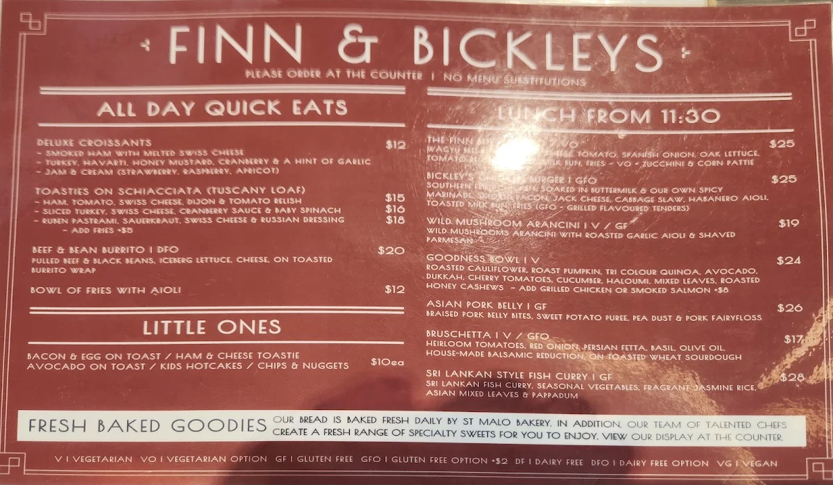 Menu, Finn & Bickley's