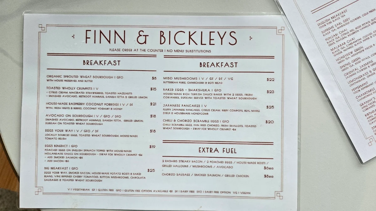 Menu, Finn & Bickley's