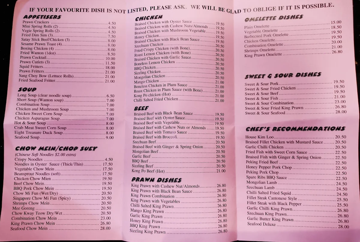 Menu, Lakelands Chinese Restaurant