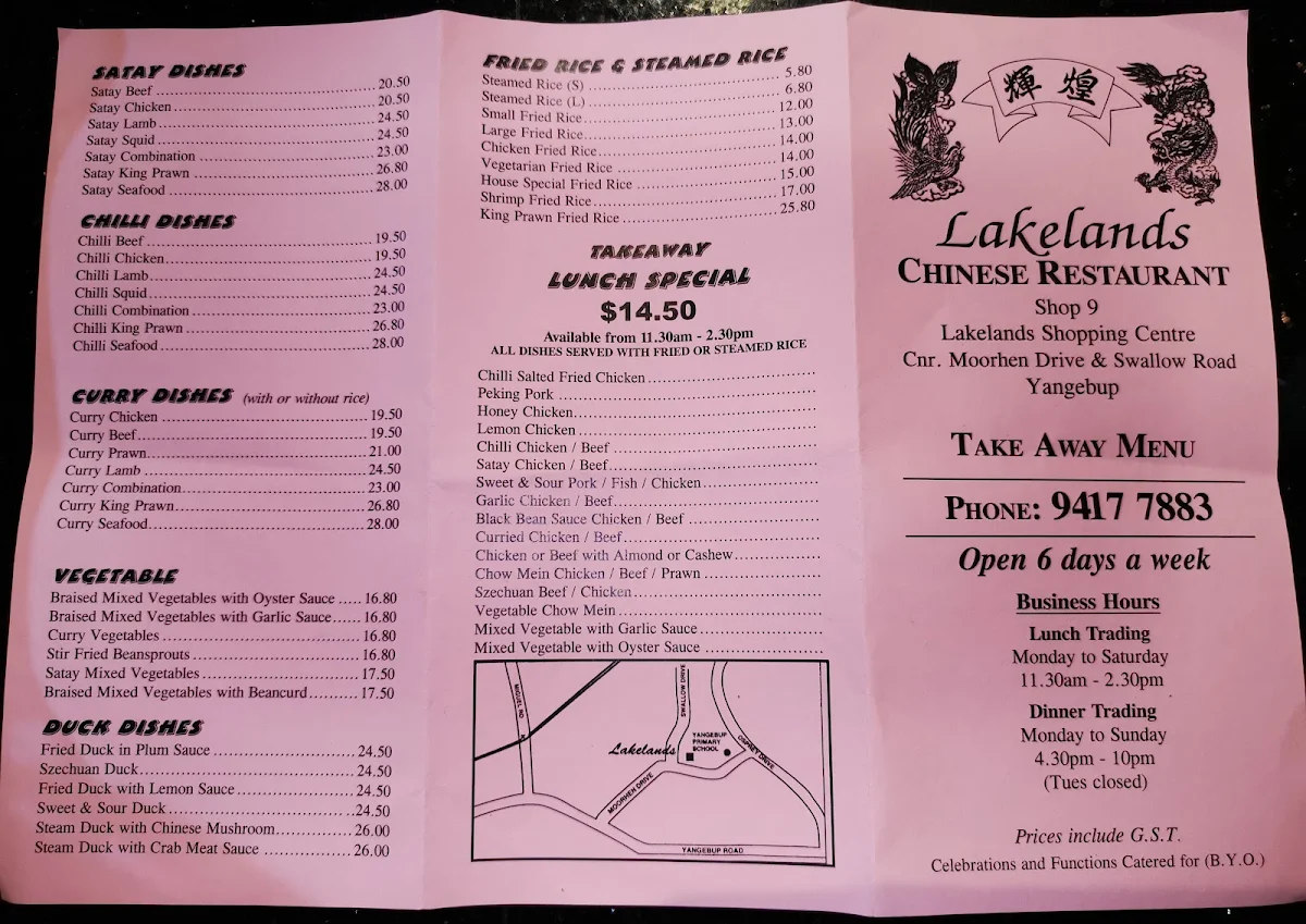 Menu, Lakelands Chinese Restaurant