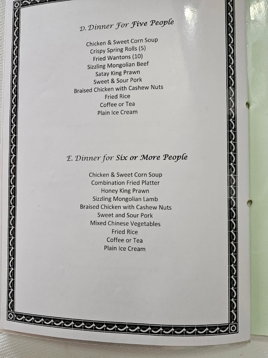Menu, Lakelands Chinese Restaurant
