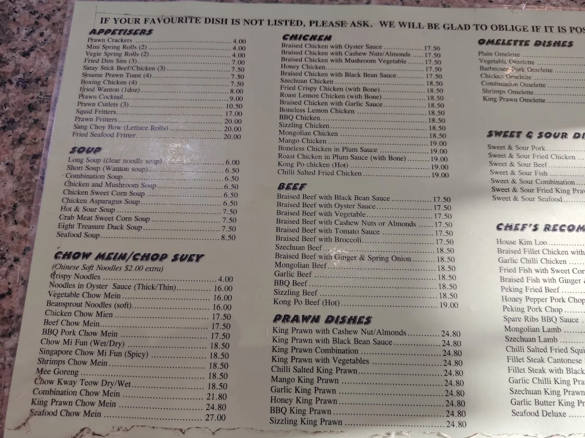 Menu, Lakelands Chinese Restaurant