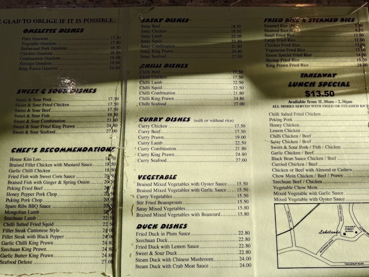 Menu, Lakelands Chinese Restaurant