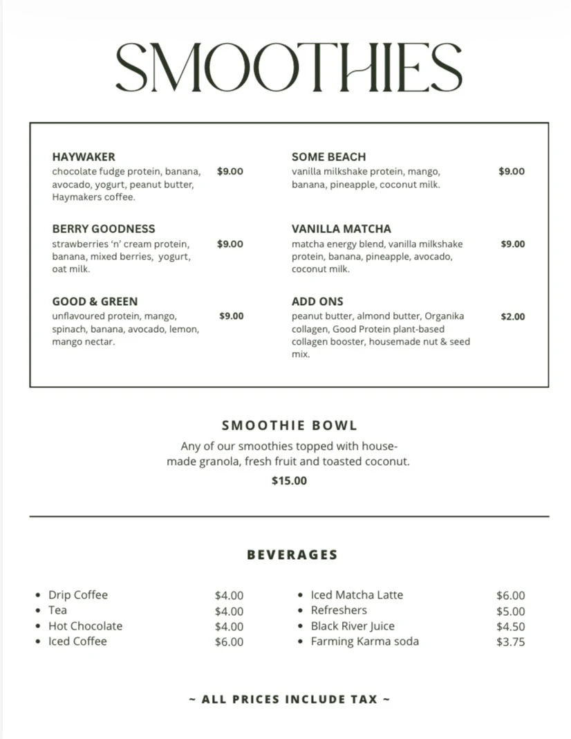 Menu, Frisk Café