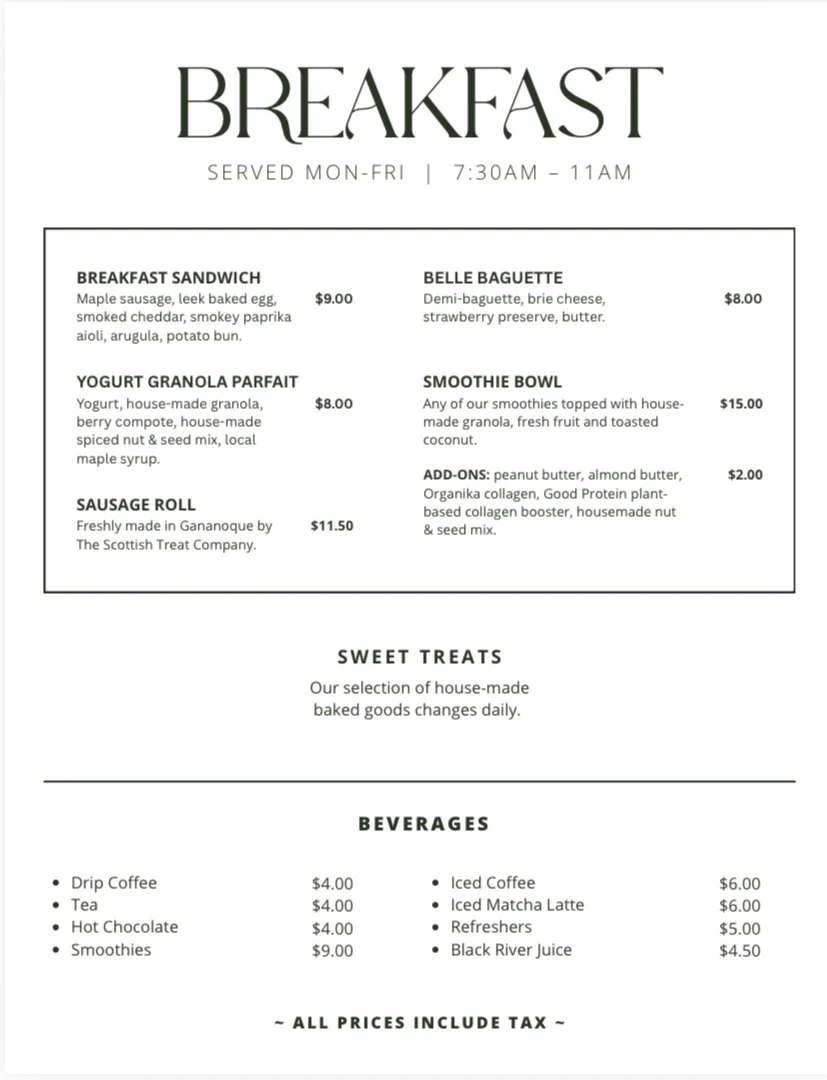 Menu, Frisk Café