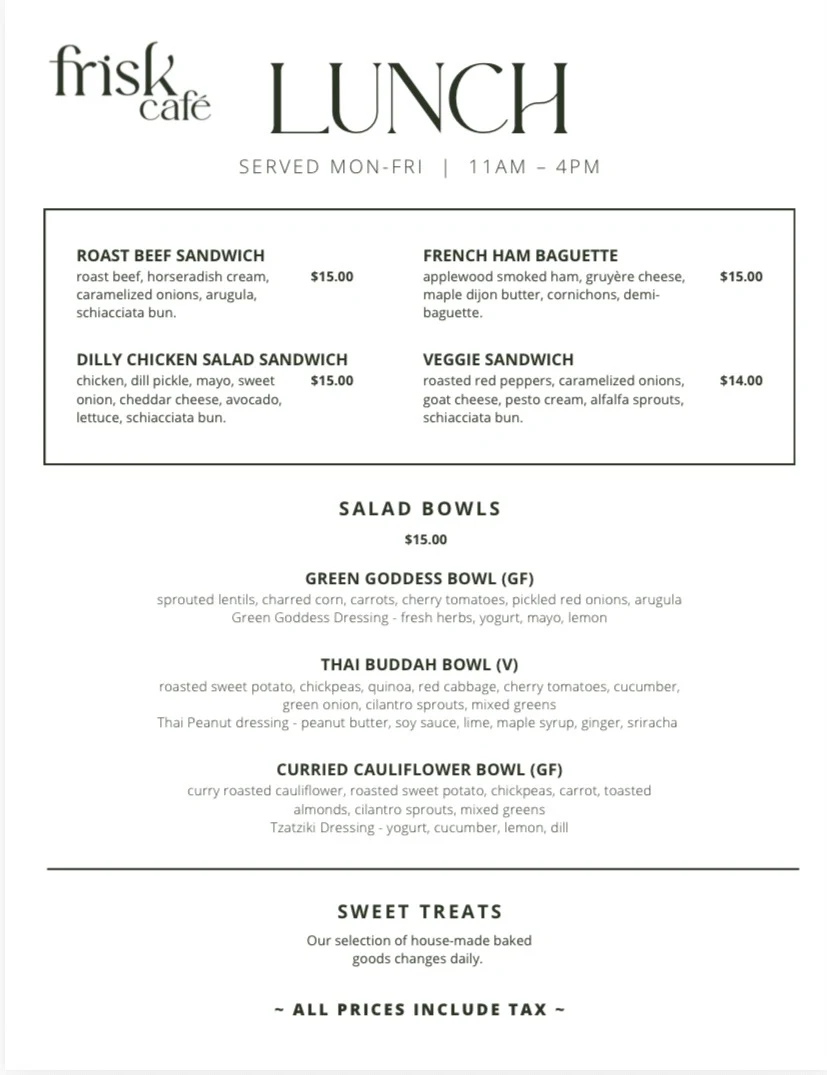 Menu, Frisk Café